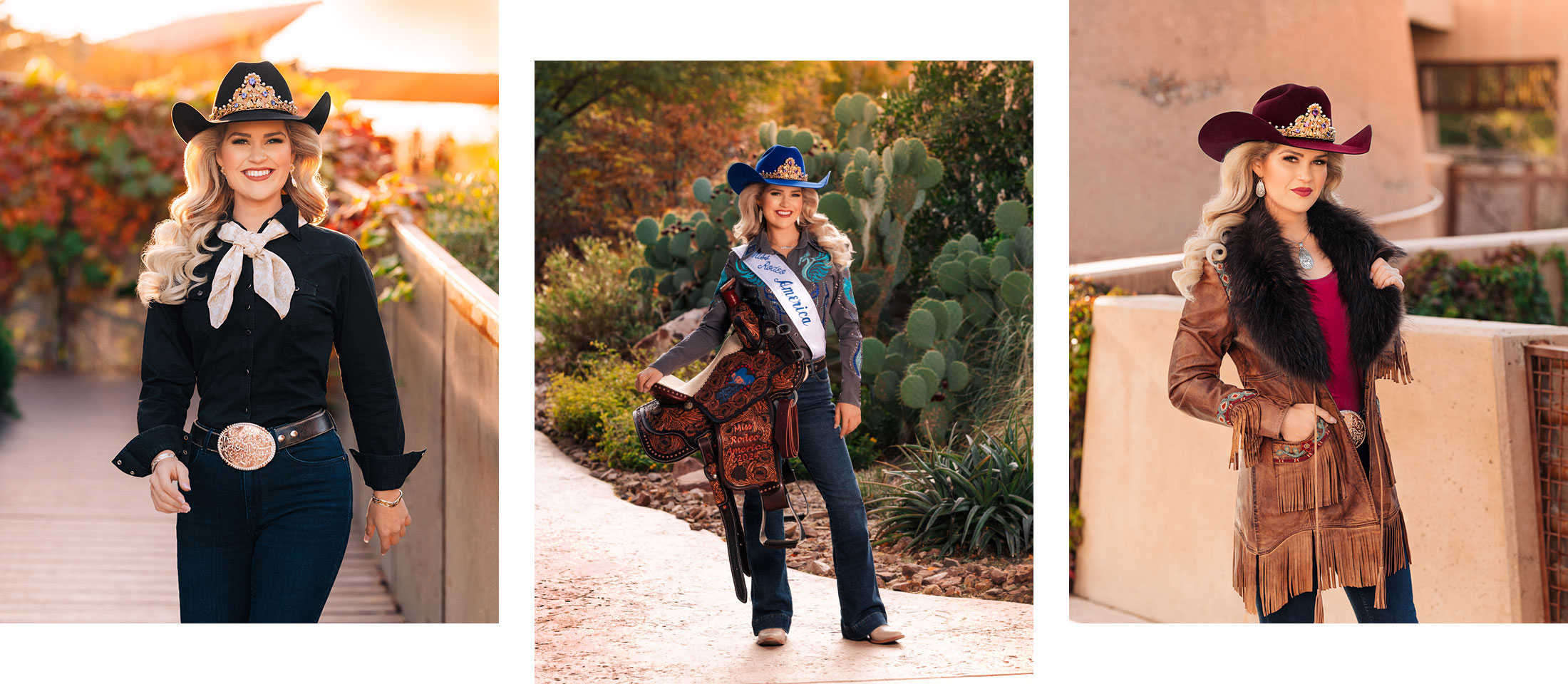 A photo montage. Miss Rodeo America wearing a black hat and black shirt, smiling and posing for the camera. Miss Rodeo America wearing a blue hat and a gray shirt holding her Miss Rodeo America Saddle. Miss Rodeo America is wearing a brown jacket with black fur around the neck/ collar and a maroon hat, posing for the camera.